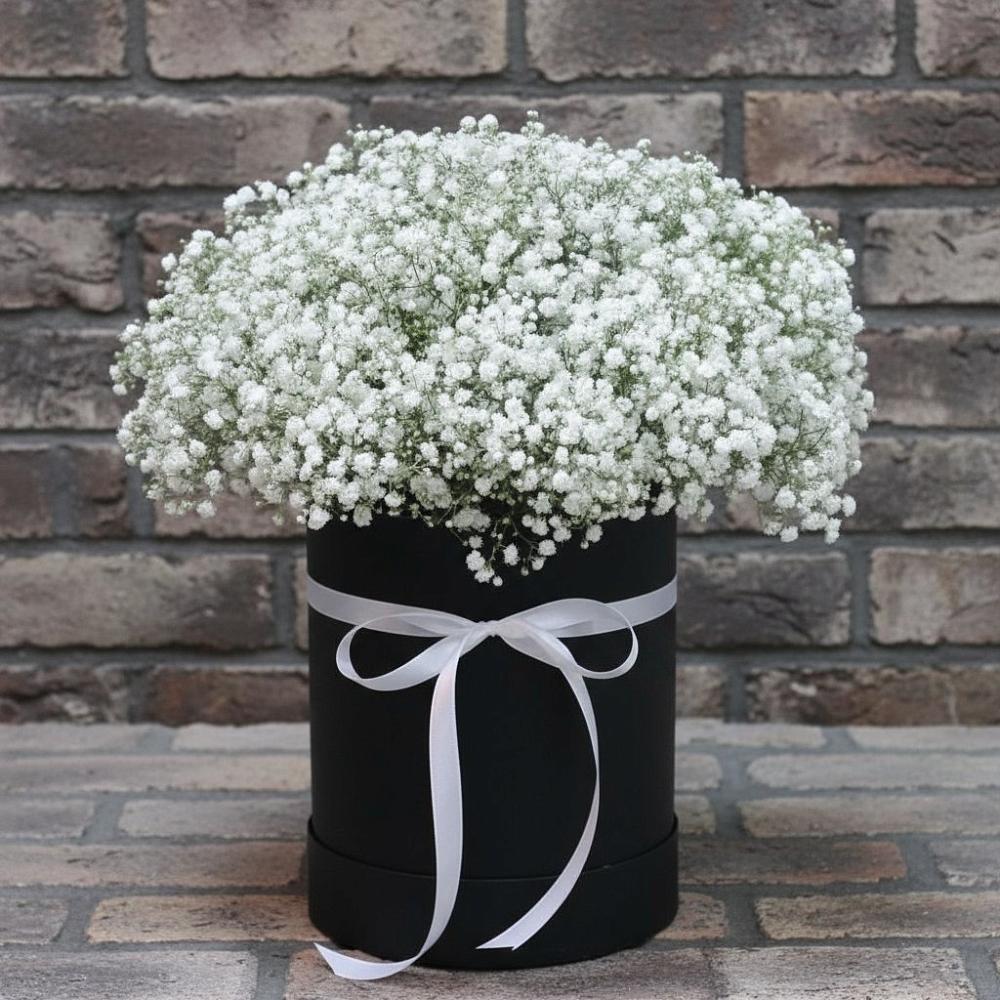 Цветочная композиция из Гипсофила в шляпной коробке в Красночервонном