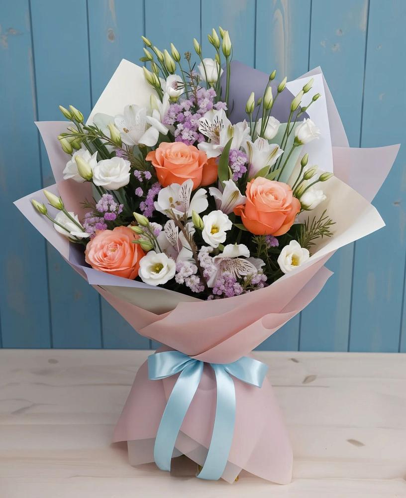 Букет цветов из: Лизиантусы, Розы, Альстромерии и Гипсофила в Красночервонном