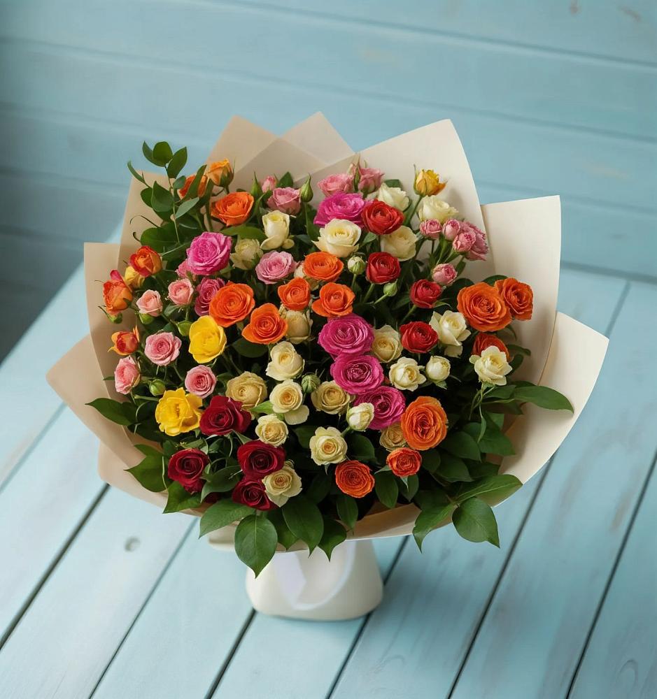 Букет Микс из разноцветных кустовых роз в Красночервонном